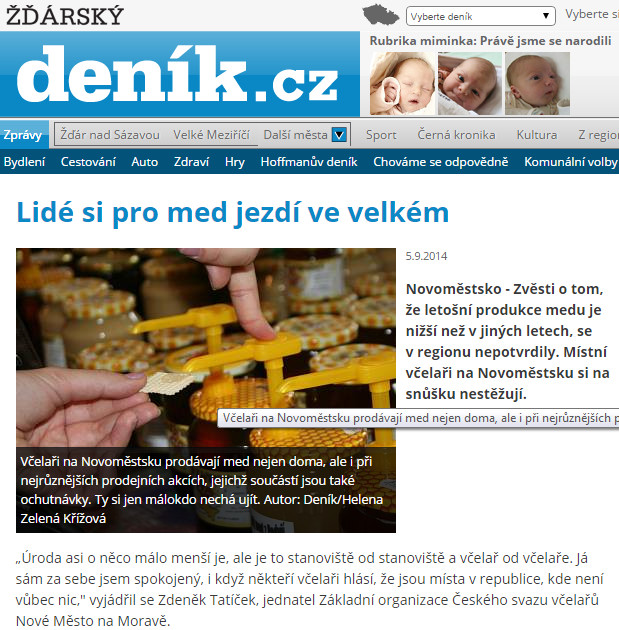 Žďárský deník, 5.9.2014: Lidé si pro med jezdí ve velkém